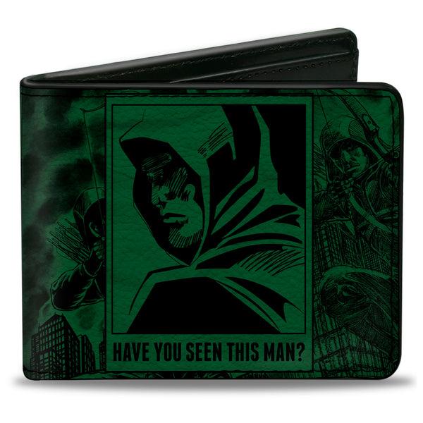 Buckle-Down Bi-Fold Wallet - Green Arrow Profile Poses HAVE YOU SEEN THIS MAN? Green Black
