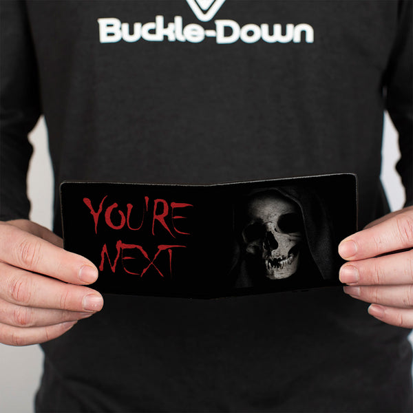 Buckle-Down Bi-Fold Wallet - Grim Reaper Face YOU'RE NEXT Black Grays Red