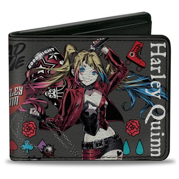 Buckle-Down Bi-Fold Wallet - Harley Quinn GOOD NIGHT Anime Pose and Icons Collage Red/Black