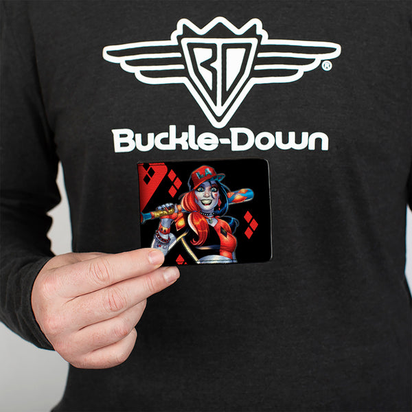 Buckle-Down Bi-Fold Wallet - Harley Quinn Issue #20 LA Baseball Cover Pose Diamonds Black Red