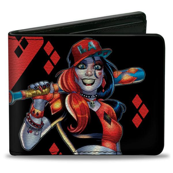 Buckle-Down Bi-Fold Wallet - Harley Quinn Issue #20 LA Baseball Cover Pose Diamonds Black Red