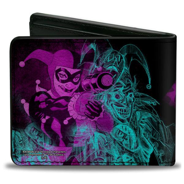 Buckle-Down Bi-Fold Wallet - HARLEY QUINN Pow + Aiming Poses Joker Sketch Black Turquoise Fuchsia