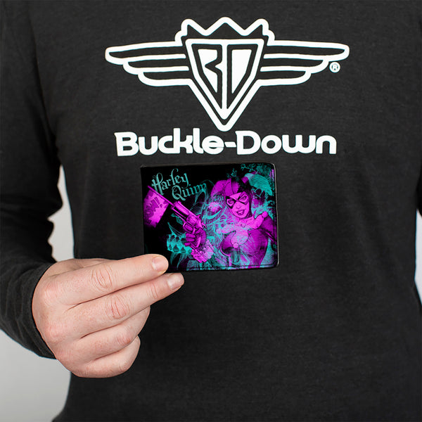 Buckle-Down Bi-Fold Wallet - HARLEY QUINN Pow + Aiming Poses Joker Sketch Black Turquoise Fuchsia