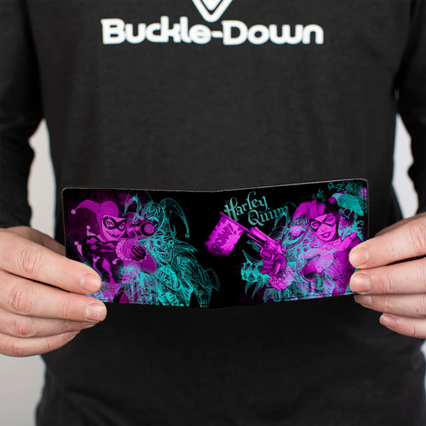 Buckle-Down Bi-Fold Wallet - HARLEY QUINN Pow + Aiming Poses Joker Sketch Black Turquoise Fuchsia