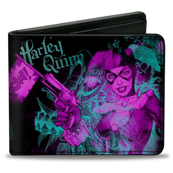 Buckle-Down Bi-Fold Wallet - HARLEY QUINN Pow + Aiming Poses Joker Sketch Black Turquoise Fuchsia