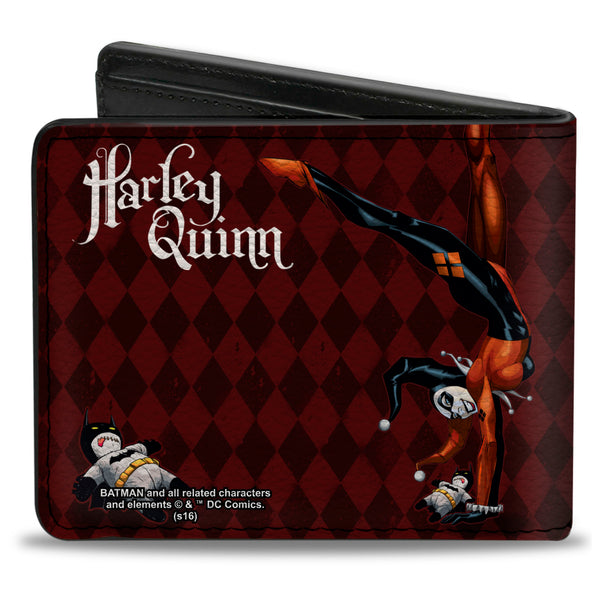 Buckle-Down Bi-Fold Wallet - HARLEY QUINN W Batman Voodoo Doll Holding Bomb + Hand Stand Diamonds Reds White