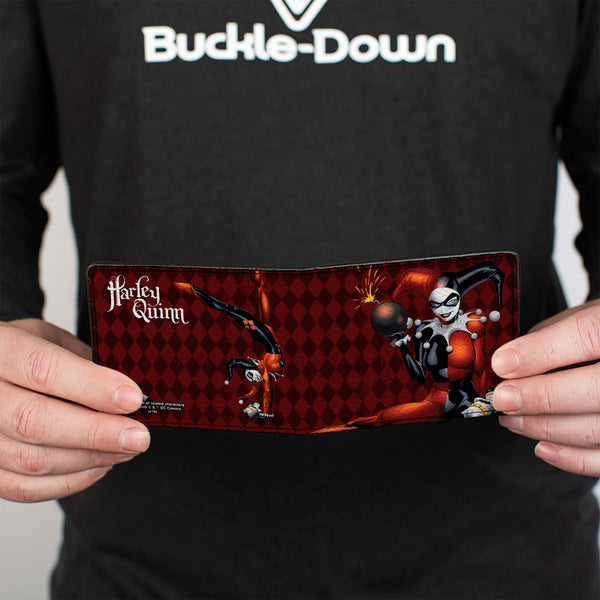 Buckle-Down Bi-Fold Wallet - HARLEY QUINN W Batman Voodoo Doll Holding Bomb + Hand Stand Diamonds Reds White