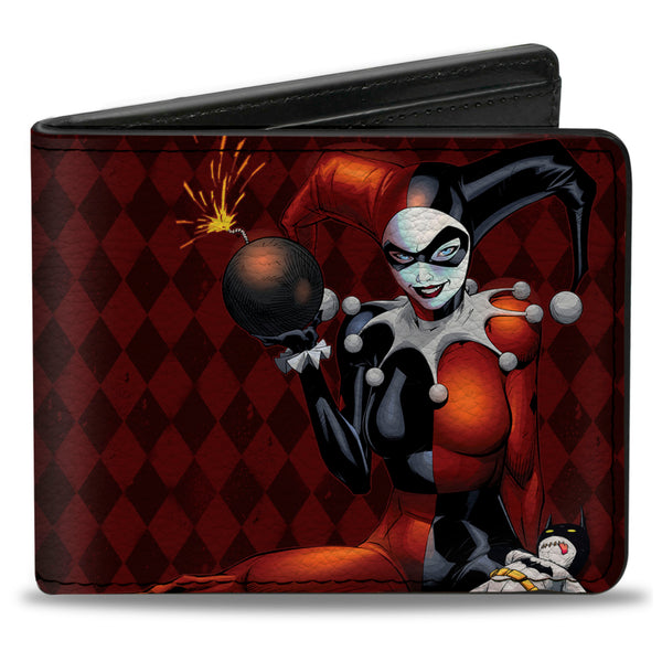 Buckle-Down Bi-Fold Wallet - HARLEY QUINN w Batman Voodoo Doll Holding Bomb + Hand Stand Diamonds Reds White