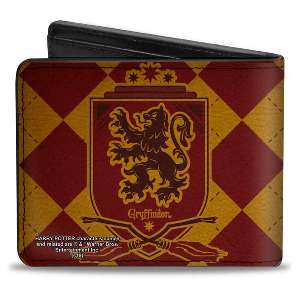 Buckle-Down Bi-Fold Wallet - Harry Potter GRYFFINDOR Shield Brooms Argyle Gold Burgundy Reds