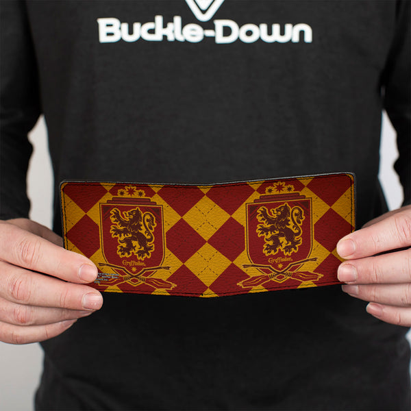 Buckle-Down Bi-Fold Wallet - Harry Potter GRYFFINDOR Shield Brooms Argyle Gold Burgundy Reds