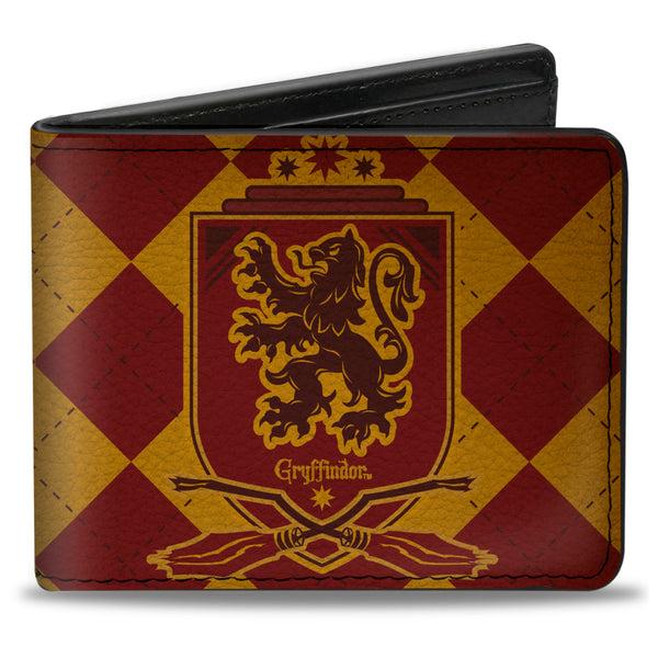 Buckle-Down Bi-Fold Wallet - Harry Potter GRYFFINDOR Shield Brooms Argyle Gold Burgundy Reds
