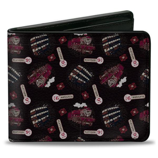 Buckle-Down Bi-Fold Wallet - Harry Potter Hogwarts Express and Knight Bus Collage Black Reds