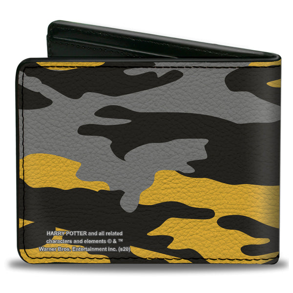 Buckle-Down Bi-Fold Wallet - Harry Potter Hufflepuff Crest Camo Yellow Grays Black