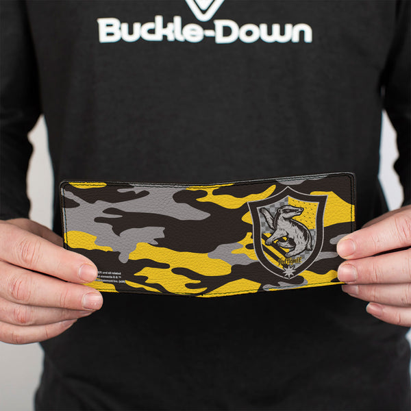 Buckle-Down Bi-Fold Wallet - Harry Potter Hufflepuff Crest Camo Yellow Grays Black