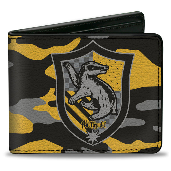 Buckle-Down Bi-Fold Wallet - Harry Potter Hufflepuff Crest Camo Yellow Grays Black