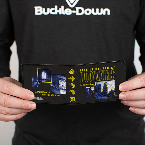 Buckle-Down Bi-Fold Wallet - Harry Potter LIFE IS BETTER AT HOGWARTS Scenes Black Yellow Grays