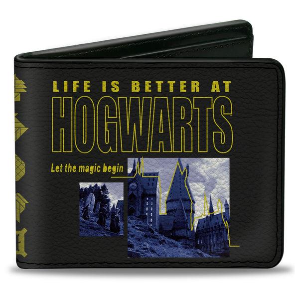 Buckle-Down Bi-Fold Wallet - Harry Potter LIFE IS BETTER AT HOGWARTS Scenes Black Yellow Grays