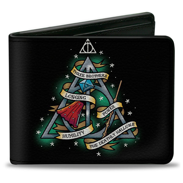 Buckle-Down Bi-Fold Wallet - Harry Potter THE DEATHLY HALLOWS Symbol THREE BROTHERS LONGING POWER HUMILITY Tattoo Black