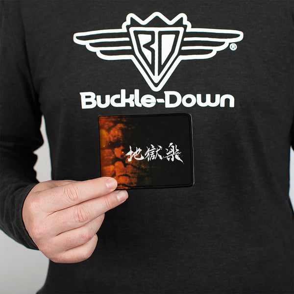 Buckle-Down Bi-Fold Wallet - Hell's Paradise Kanji Title Logo And Gabimaru Fire Pose Orange/White