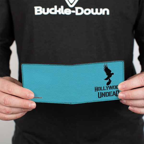 Buckle-Down Bi-Fold Wallet - HOLLYWOOD UNDEAD Text Logo Dove & Grenade Icon Teal Black