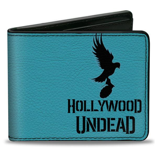 Buckle-Down Bi-Fold Wallet - HOLLYWOOD UNDEAD Text Logo Dove & Grenade Icon Teal Black
