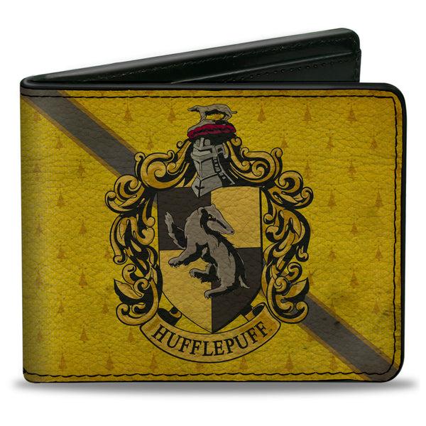 Buckle-Down Bi-Fold Wallet - HUFFLEPUFF Crest Stripe4 Weathered Gold Brown