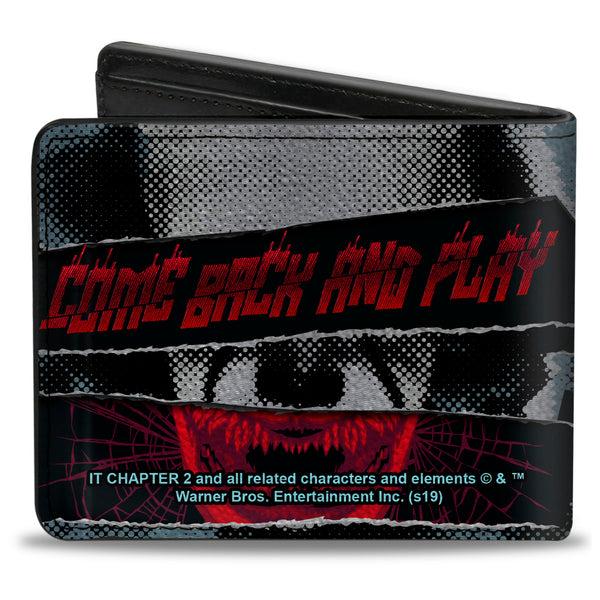 Buckle-Down Bi-Fold Wallet - IT Chapter Two Pennywise COME BACK AND PLAY Collage Black White Reds Blues