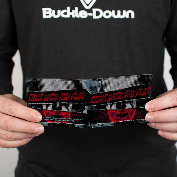 Buckle-Down Bi-Fold Wallet - IT Chapter Two Pennywise COME BACK AND PLAY Collage Black White Reds Blues