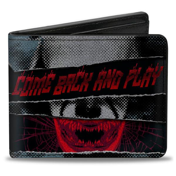 Buckle-Down Bi-Fold Wallet - IT Chapter Two Pennywise COME BACK AND PLAY Collage Black White Reds Blues