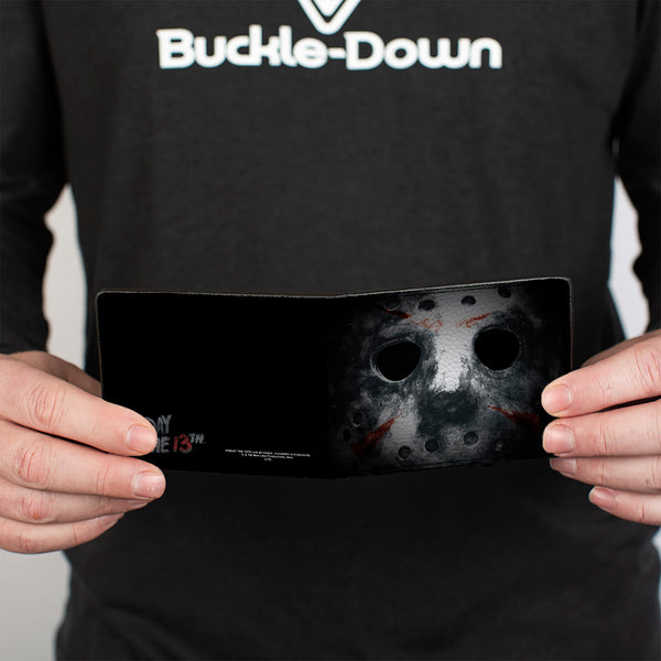 Buckle-Down Bi-Fold Wallet - Jason Mask3 CLOSE-UP + FRIDAY THE 13th Black Grays Red