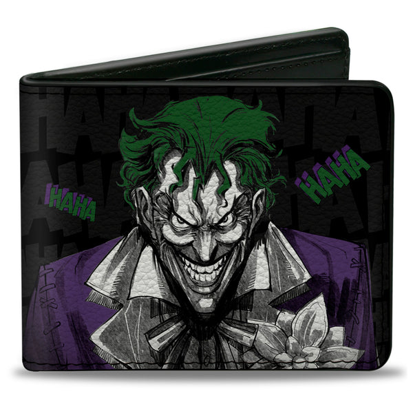 Buckle-Down Bi-Fold Wallet - Joker Smiling + Laughing Poses HAHA Black Gray Purple Green