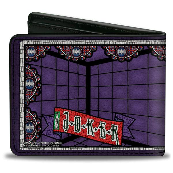 Buckle-Down Bi-Fold Wallet - Joker Stained Glass Straitjacket Pose Bat Logo Purples Red Blue White