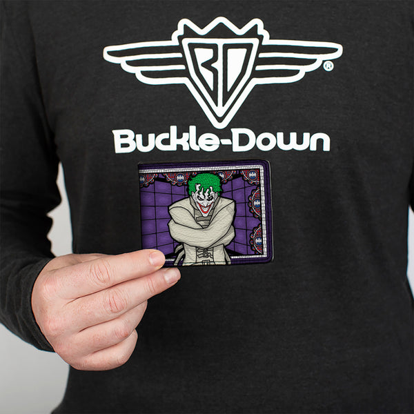Buckle-Down Bi-Fold Wallet - Joker Stained Glass Straitjacket Pose Bat Logo Purples Red Blue White