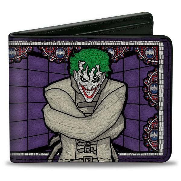 Buckle-Down Bi-Fold Wallet - Joker Stained Glass Straitjacket Pose Bat Logo Purples Red Blue White