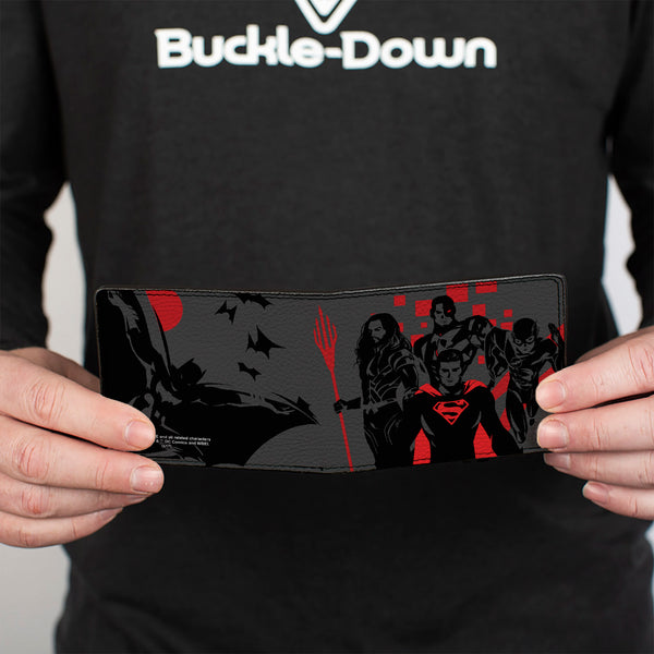 Buckle-Down Bi-Fold Wallet - Justice League 2017 4-Superhero Group + Batman Pose Gray Black Red