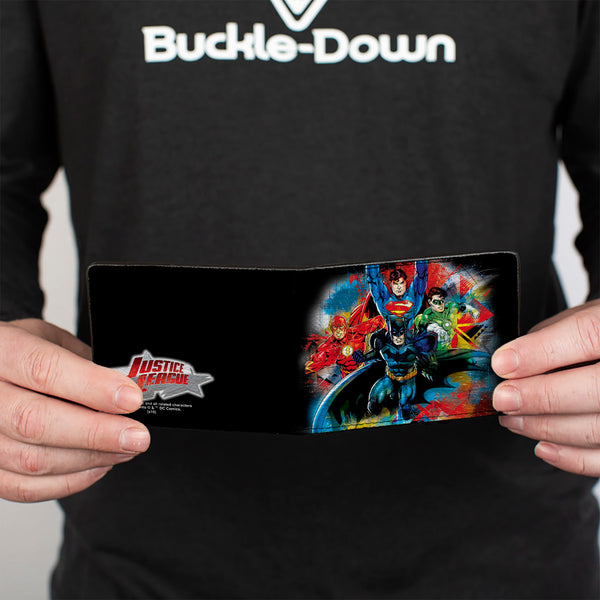 Buckle-Down Bi-Fold Wallet - Justice League 4-Superhero Group Pose Splatter + Logo Black Gray Red Multi Color