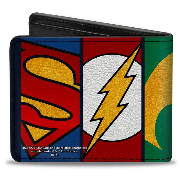 Buckle-Down Bi-Fold Wallet - Justice League 5-Superhero Textured Logo CLOSE-UP Panels