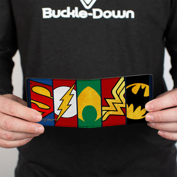 Buckle-Down Bi-Fold Wallet - Justice League 5-Superhero Textured Logo CLOSE-UP Panels