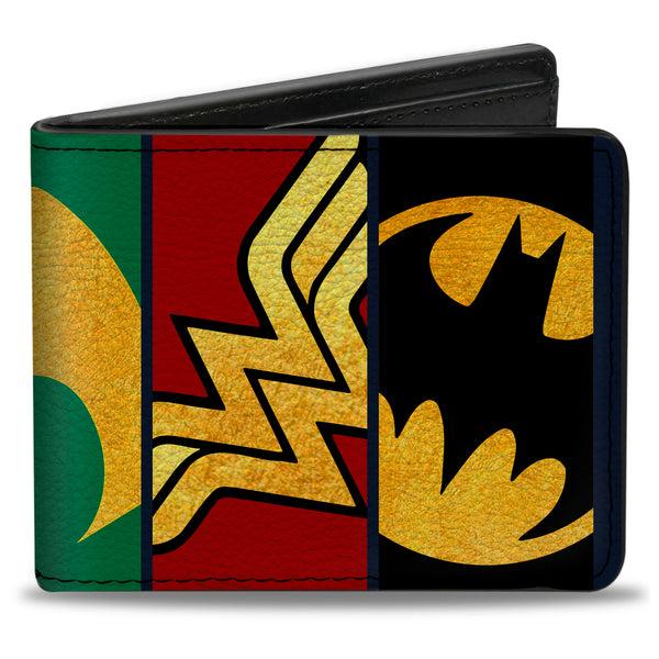 Buckle-Down Bi-Fold Wallet - Justice League 5-Superhero Textured Logo CLOSE-UP Panels
