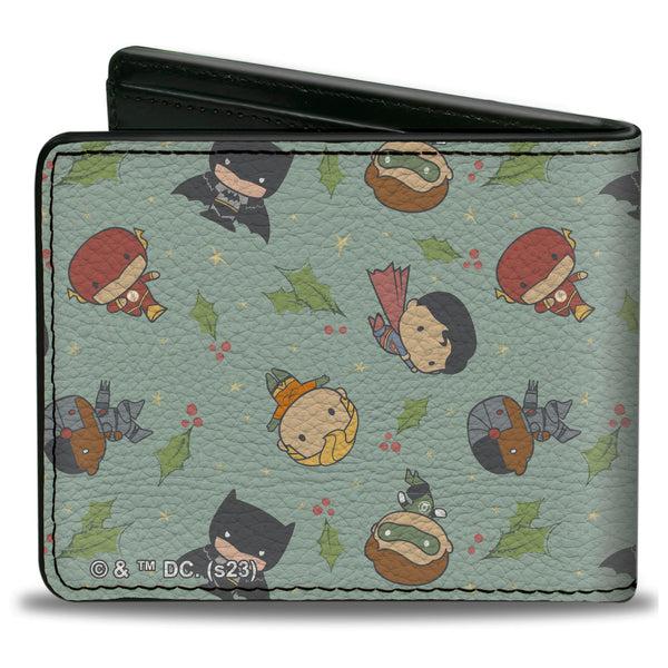 Buckle-Down Bi-Fold Wallet - Justice League Chibi Holiday Christmas Superhero Poses And Holly Scattered