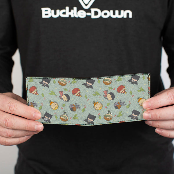 Buckle-Down Bi-Fold Wallet - Justice League Chibi Holiday Christmas Superhero Poses And Holly Scattered