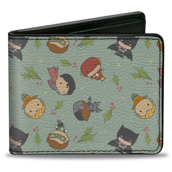 Buckle-Down Bi-Fold Wallet - Justice League Chibi Holiday Christmas Superhero Poses and Holly Scattered