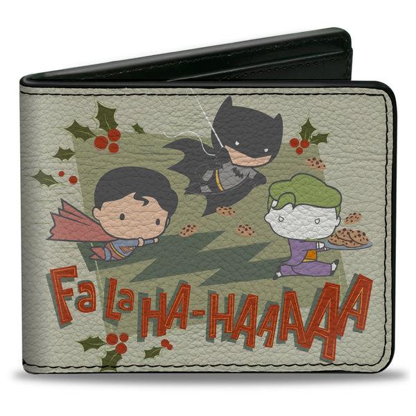 Buckle-Down Bi-Fold Wallet - Justice League Chibi Holiday Christmas Superman and Batman Chasing Joker FALAHA-HAAAAA Greens