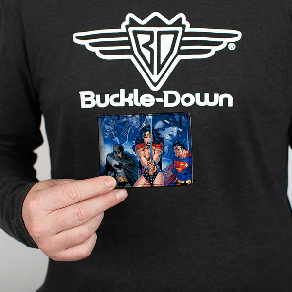 Buckle-Down Bi-Fold Wallet - Justice League Infinite Crisis Issue #1 Trinity Group Cover Pose + Capes Sword Blues