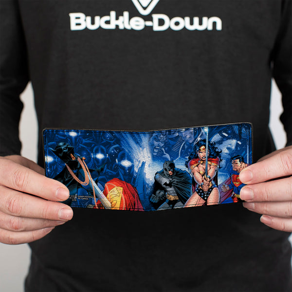 Buckle-Down Bi-Fold Wallet - Justice League Infinite Crisis Issue #1 Trinity Group Cover Pose + Capes Sword Blues