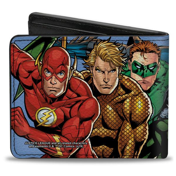Buckle-Down Bi-Fold Wallet - Justice League New 52 5-Superhero Group Action Poses Sky Blue