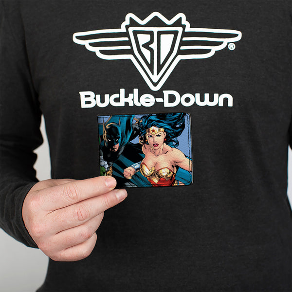 Buckle-Down Bi-Fold Wallet - Justice League New 52 5-Superhero Group Action Poses Sky Blue
