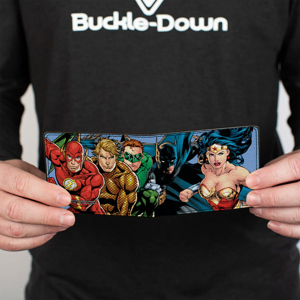 Buckle-Down Bi-Fold Wallet - Justice League New 52 5-Superhero Group Action Poses Sky Blue