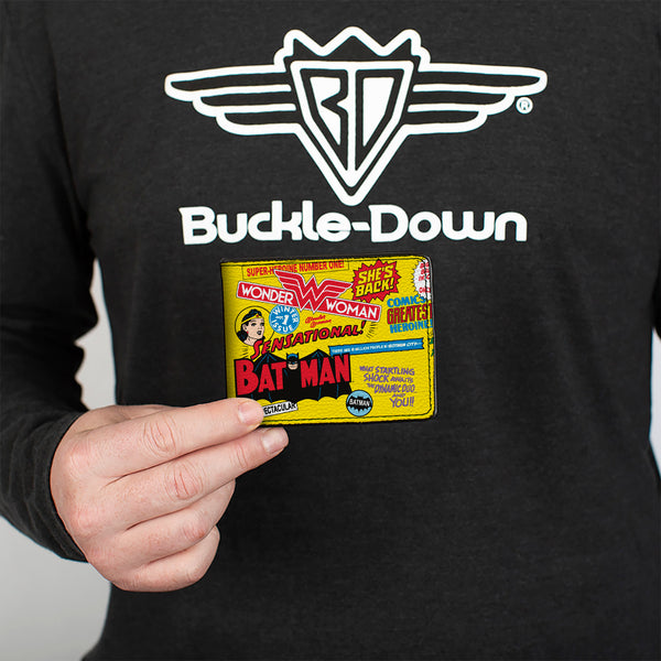 Buckle-Down Bi-Fold Wallet - Justice League Vintage Superhero Anniversary Icons Collage Yellow