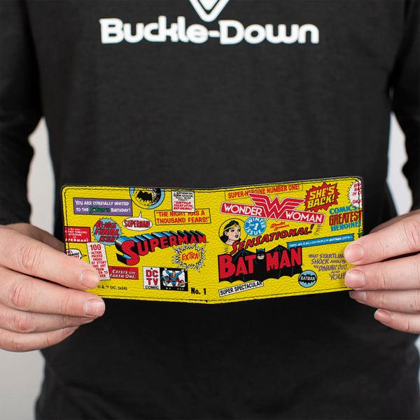 Buckle-Down Bi-Fold Wallet - Justice League Vintage Superhero Anniversary Icons Collage Yellow